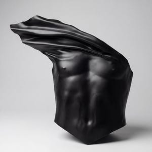 May include: A black sculpture of a torso with a draped fabric element. The sculpture has a smooth, glossy finish and is set against a plain white background. The form is stylized and abstract, with defined musculature.