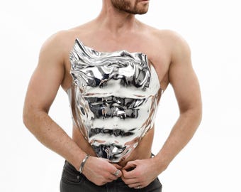 Men's silver armor custom corset top, cuirass corset for man, Rave outfit for man stage costume music art festival male outfit
