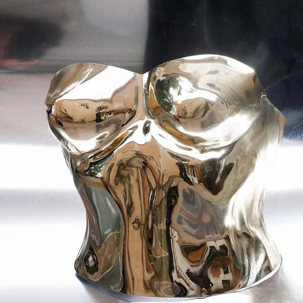 Gouden harnas op maat gemaakte bustiertop met korset, rave-outfit voor vakantie voor fotoshoot, chromen spiegel metallic top, outfit voor festivalgodin