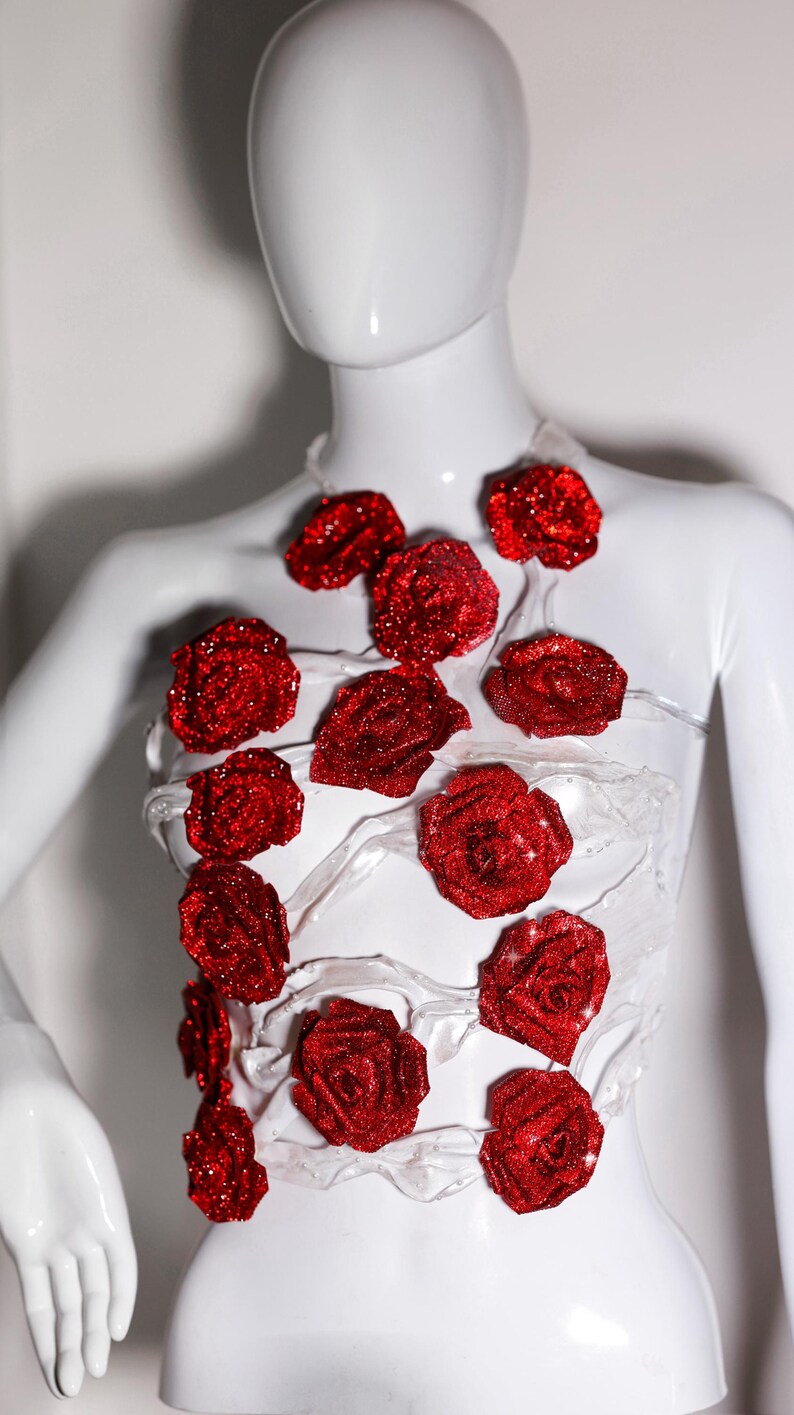 White Armor Corset Bustier Top With Roses, Floral Molded Rave Outfit ...