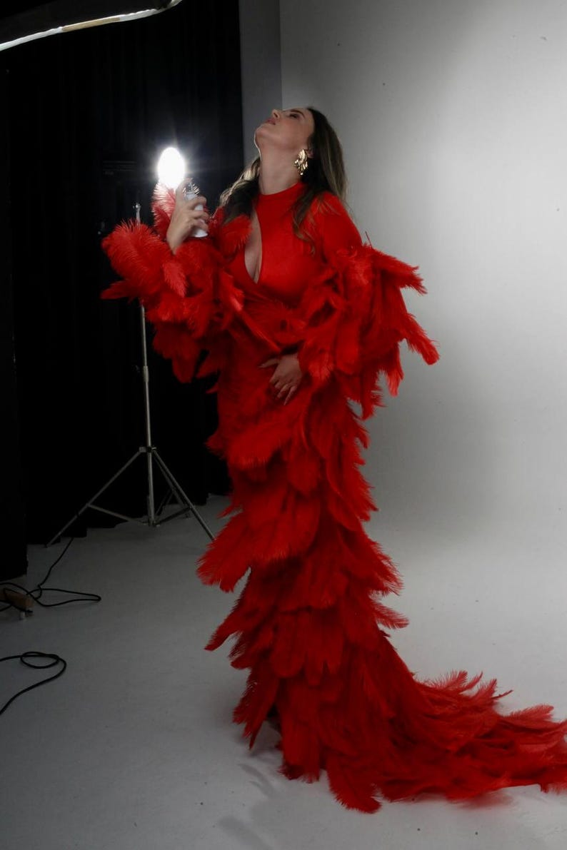 maternity photo outfit in red feather gown