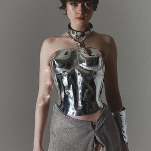 Silver metal custom corset bustier top, breastplate armor costumes cosplay metal bra, burning man rave outfit, photoshoot corset