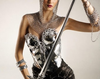 Futuristic silver corset, chrome armor goddess bustier, rave edm festival outfit, tomorrowland party top, liquid metal luxury