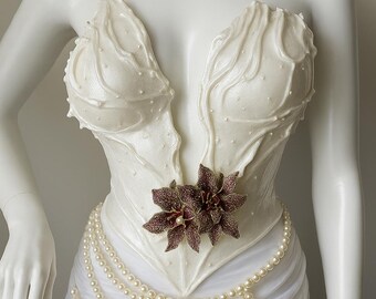 Heart armor corset white bridal breastplate stage performer outfit, white bustier top with rhinestones