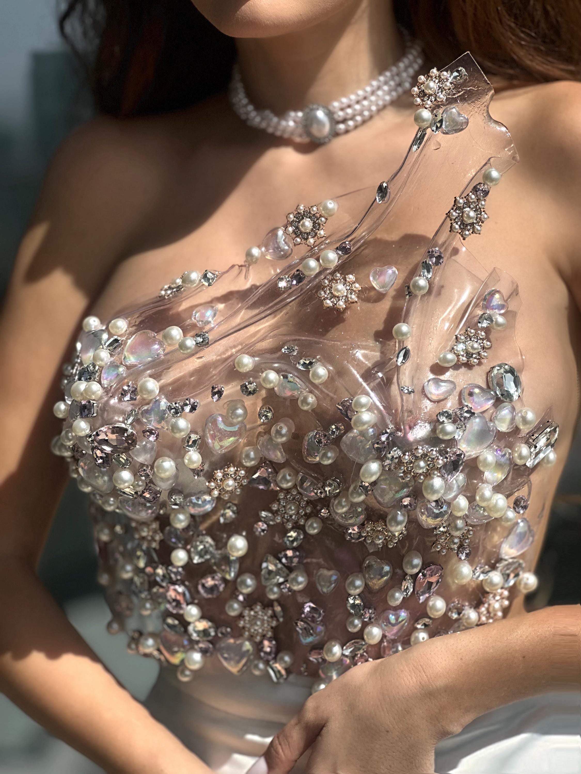 corset dress with crystals and stones Allover Crystal Rhinestone Black Corset Long See-through Prom Dress