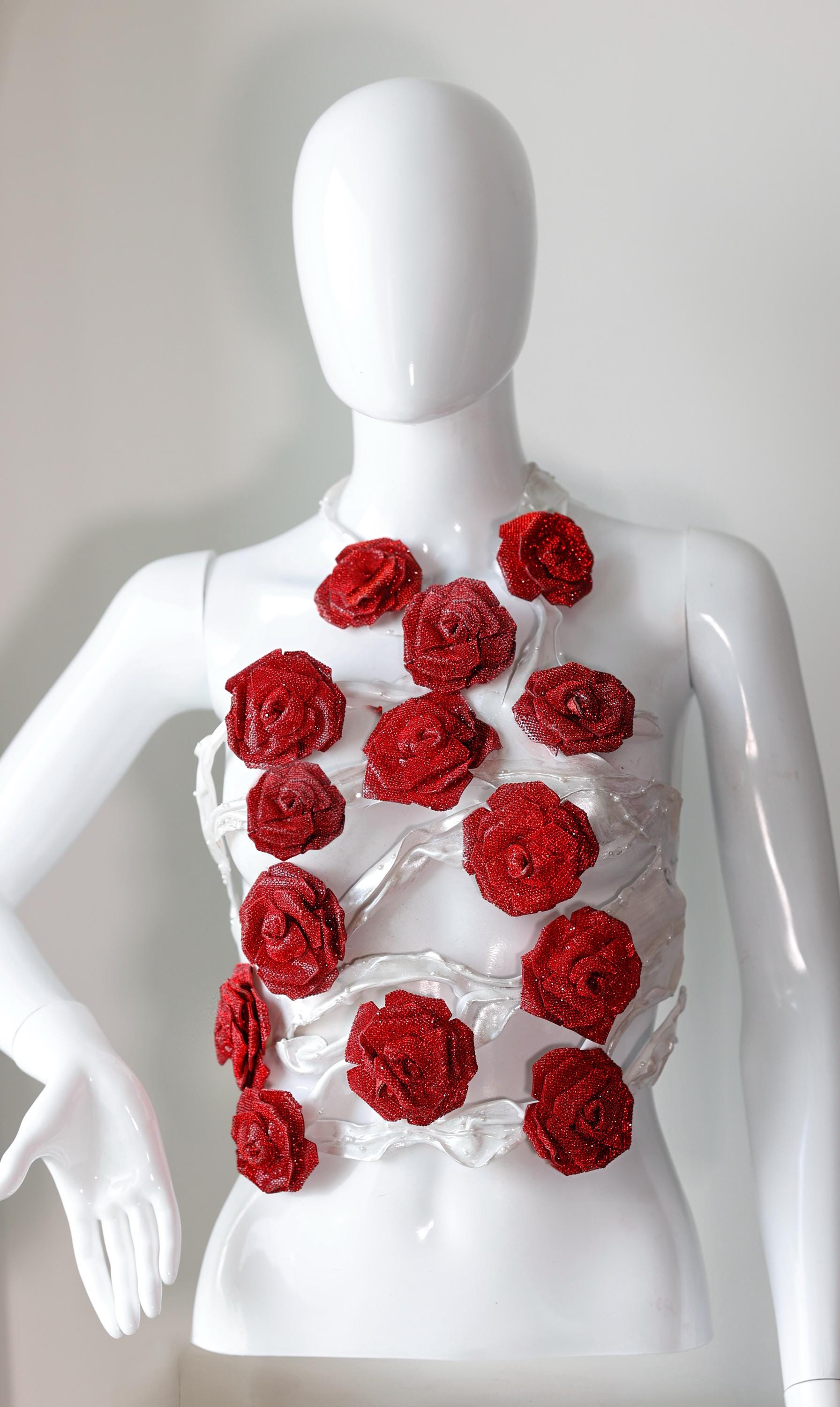 White Armor Corset Bustier Top With Roses, Floral Molded Rave Outfit ...