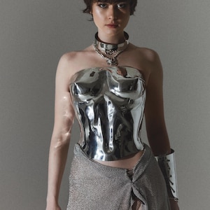 Silver metal custom corset bustier top, breastplate armor costumes cosplay metal bra, burning man rave outfit, photoshoot corset