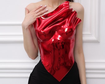 Red chrome metallic corset, festival wear, cosplay top, futuristic armor rave outfit, steampunk female corset costume, halloween costume