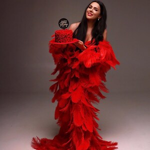 dramatic red outfit for New Year and Christmas celebration