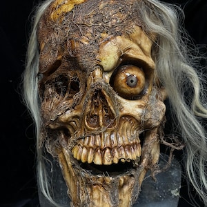 May include: A detailed, realistic zombie mask with a decaying flesh effect, exposed bone, and a single, large, yellow eye. The mask has long, white hair.
