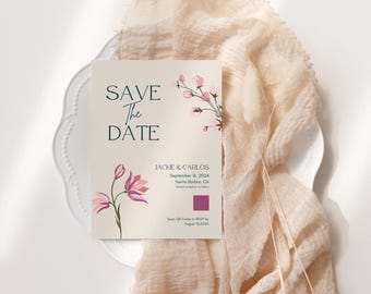 May include: Save the Date card with pink floral illustrations. The card reads "Save the Date" in dark blue text and "Jackie & Carlos" in black text. The date is September 1st, 2024 and the location is Santa Barbara, CA.