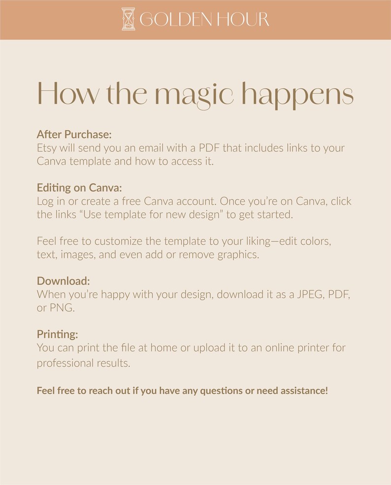 May include: A text-based graphic with the title "How the magic happens" and instructions on how to use a Canva template to create a design. The steps include purchasing, editing, downloading, and printing.