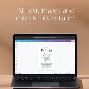 May include: A laptop screen displaying a digital design template for an anniversary pi&ntilde;ata. The template features a black and white illustration of a pi&ntilde;ata with the text "Anniversary Pi&ntilde;ata" and "Jackie & Carlos".