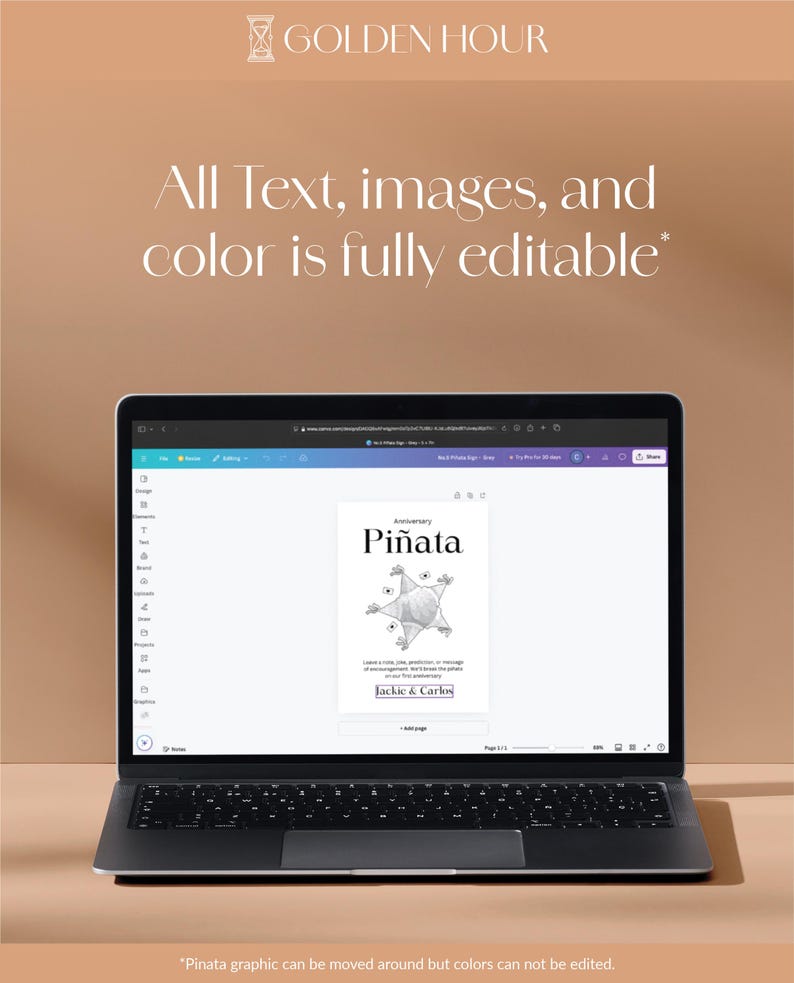 May include: A laptop screen displaying a digital design template for an anniversary pi&ntilde;ata. The template features a black and white illustration of a pi&ntilde;ata with the text "Anniversary Pi&ntilde;ata" and "Jackie & Carlos".