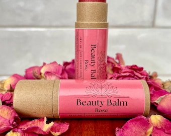 Bálsamo de belleza orgánico: cuidado de la piel con color para labios, mejillas y ojos.