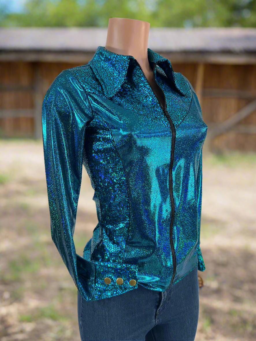 Turquoise Sparkle Rodeo Shirt with Full separating front zipper and snap cuffs Kids or Adult Sizes