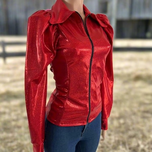 Red Sparkly Jewel Rodeo Shirt with Puffed Sleeves and Full separating front zipper and snap cuffs Kids or Adult Sizes