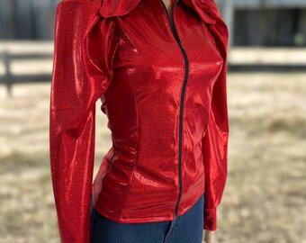 Red Sparkly Jewel Rodeo Shirt with Puffed Sleeves and Full separating front zipper and snap cuffs Kids or Adult Sizes