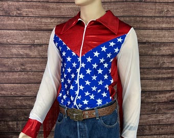 Mens Star Spangled Mesh Sleeve, Rodeo Shirt with Full separating front zipper and snap cuffs