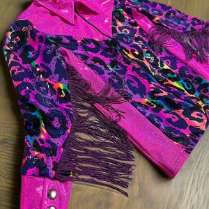 Neon Pink and Rainbow Leopard Rodeo Shirt with Full separating front zipper and snap cuffs Kids or Adult Sizes