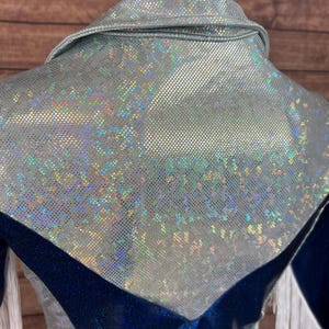 Puede incluir: Una camisa de manga larga con un panel superior texturizado hologr&aacute;fico plateado con cuello y una secci&oacute;n inferior met&aacute;lica azul oscuro. La prenda incluye detalles de flecos blancos a lo largo de las mangas y una costura en forma de V.