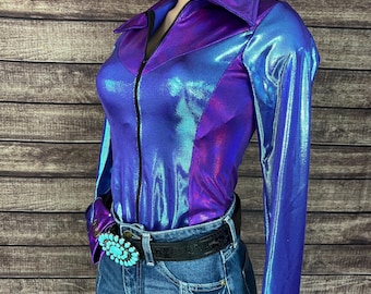 Camisa de rodeo color púrpura Moonstone con cremallera frontal completa y puños con broches. Tallas para niños o adultos.