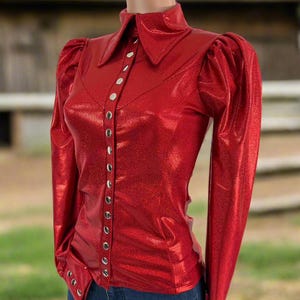 Red Sparkly Jewel Rodeo Shirt with Puffed Sleeves and Snap front and snap cuffs Kids or Adult Sizes