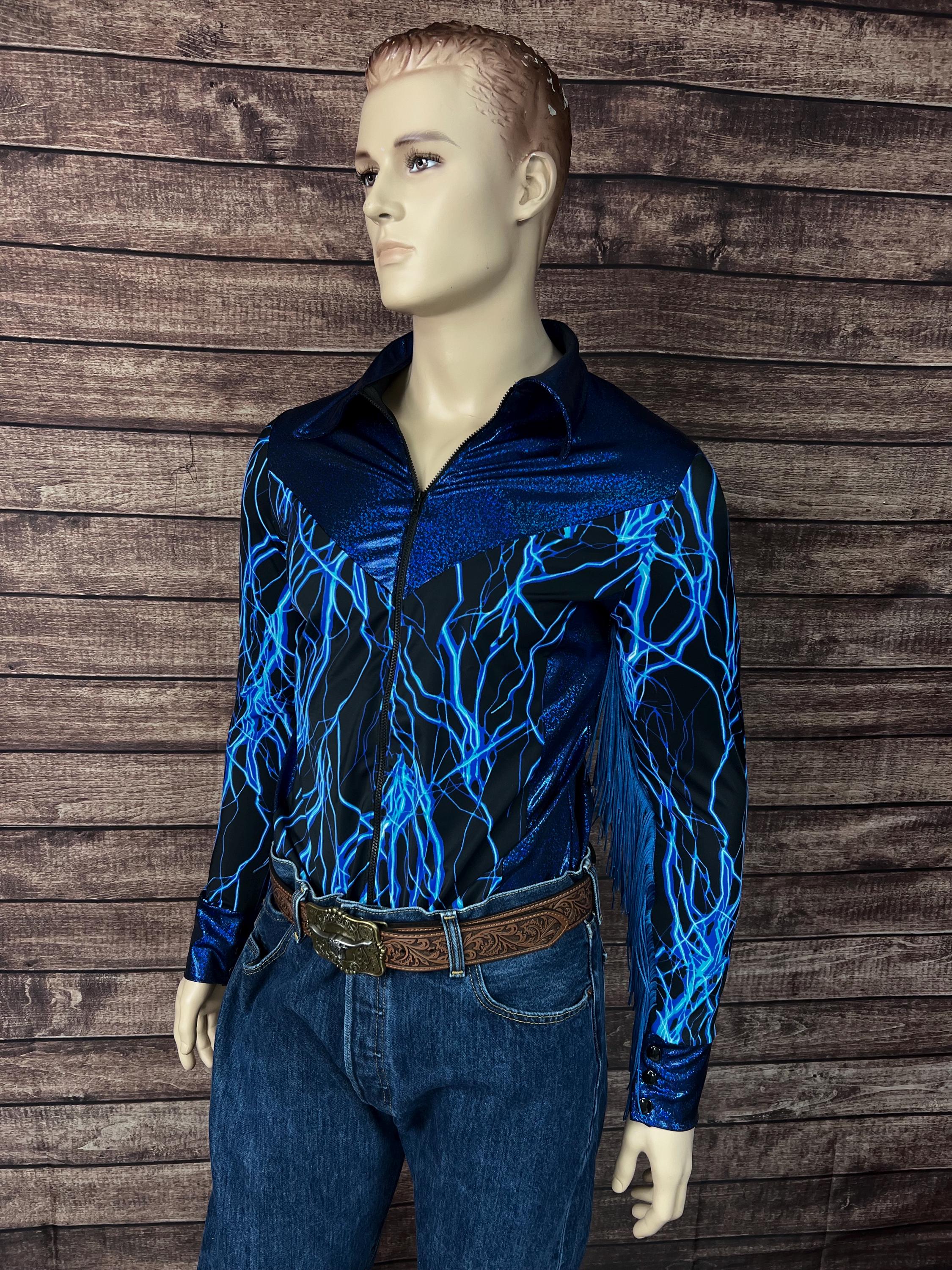 Neon Rodeo Shirt Design Mens Neon Blue Lightning Rodeo Shirt With Full Separating Front Zipper ...