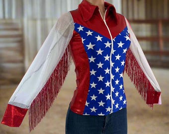 Star Spangled Mesh Sleeve, Rodeo Shirt with Full separating front zipper and snap cuffs Kids or Adult Sizes