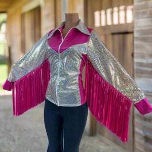 Pink and White Thunderbird Fringe Rodeo Shirt with Full separating front zipper and snap cuffs Kids or Adult Sizes