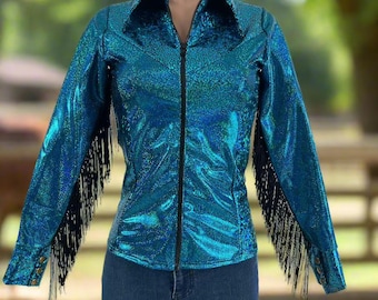 Turquoise Shattered Glass Rodeo Shirt with Full separating front zipper and snap cuffs Kids or Adult Sizes