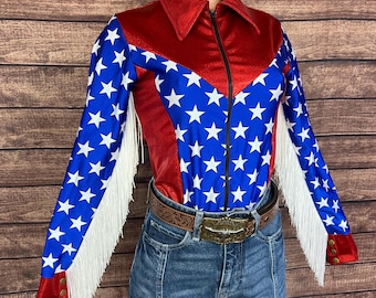 Firecracker Rodeo Shirt with White Fringe.  Full separating front zipper and snap cuffs Kids or Adult Sizes