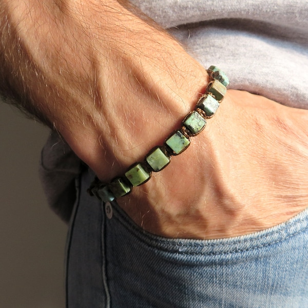 Bracelet homme avec perles en pierre naturelle Turquoise africain vert tibétain, bracelet en perles Shamballa, corde en noeuds macramé, ethnique
