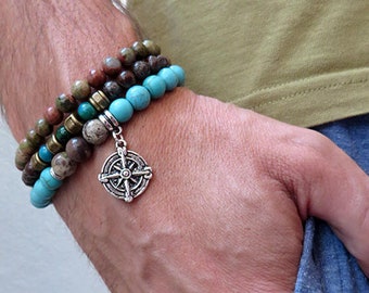 Ethnic stone man bracelet with pearls and sea pendant, compass, wind rose, Obsidian, beads bracelet, for him, adjustable