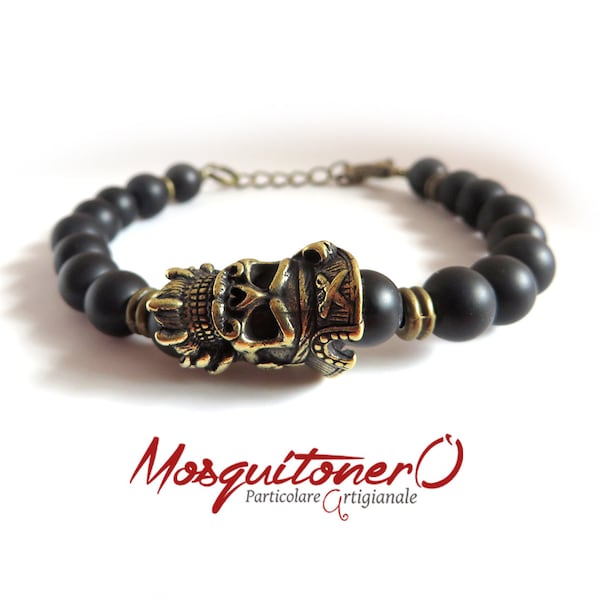 Man bracelet with pirate skull in bronze and pearls in black agate natural semiprecious stones, for him, beaded bracelet, boys bracelet
