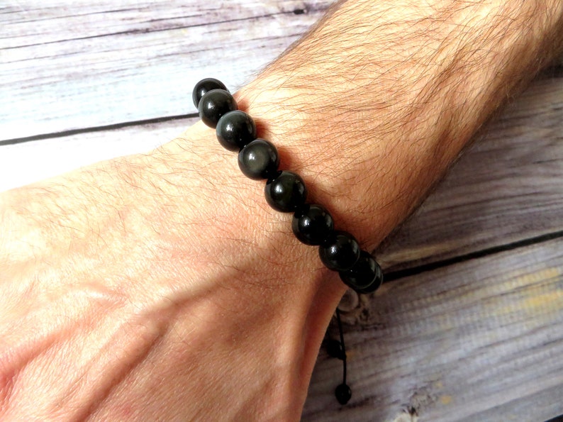 pearl jewelry chakra and macrame lanyard Black Obsidian Stone bracelet for men or women pearl black color