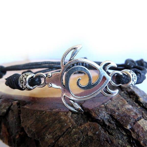 Men's bracelet woman Maori turtle metal silver design tattoo lanyard, gift for him ecological, surfer jewelry, lucky charm