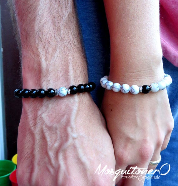 Bracciale Uomo Donna Con Perle In Pietra Nero E Bianco Per Etsy