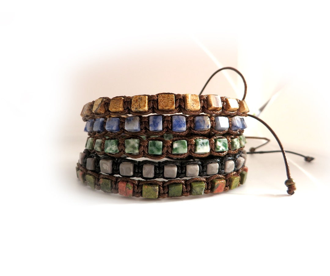 Bracciale perle pietre uomo etnico Sodalite, Diaspro, Unakite