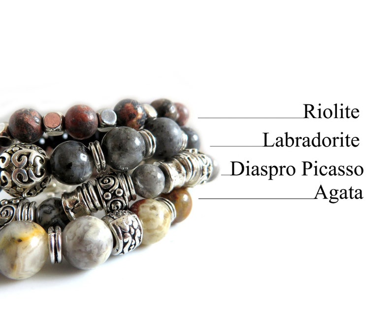 Bracciale perle uomo pietre naturali Labradorite, Diaspro, riolite, braccialetto di perline, etnico ,regalo per lui, con pepite immagine 3