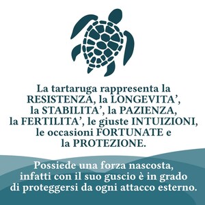 May include: A teal blue turtle illustration with a shell made of small circles. The text below the turtle reads: "La tartaruga rappresenta la RESISTENZA, la LONGEVITA', la STABILITA', la PAZIENZA, la FERTILITA', le giuste INTUIZIONI, le occasioni FORTUNATE e la PROTEZIONE. Possiede una forza nascosta, infatti con il suo guscio &egrave; in grado di proteggersi da ogni attacco esterno."