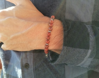 Bracciale uomo con perline in pietre Diaspro rosso, minimal cristalli, bracciale etnico, braccialetto perle, in acciaio, idea regalo uomo