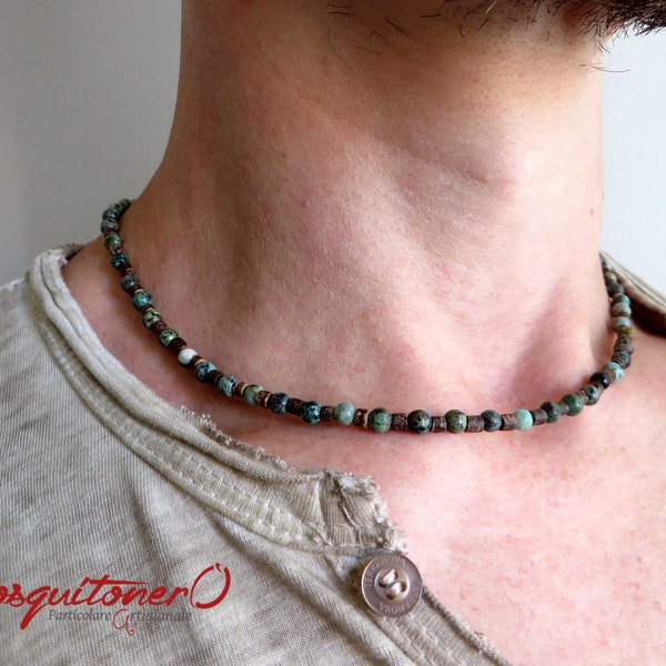 Collana uomo girocollo perline in pietre dure Turchese Africano verde, perle legno di cocco, minimal, boho, surf, estiva, etnica, per lui