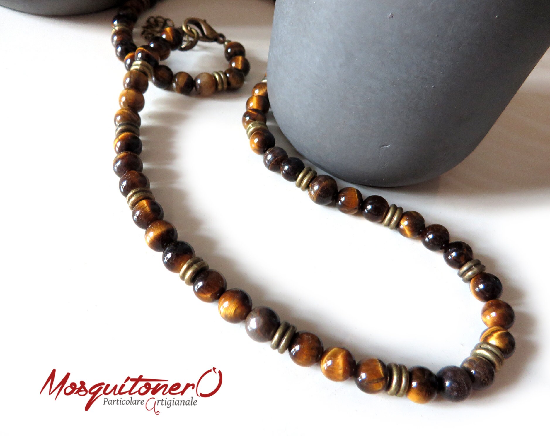 Collana Uomo Pietre Naturali - Occhio Di Tigre E Ossidiana 6mm - Foto 3