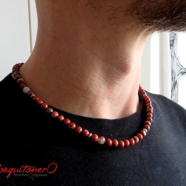 Collana uomo girocollo perline in pietre Diaspro rosso, minimal semplice zen collana etnica, collana perle, idea regalo uomo, regolabile