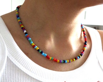 Collana donna uomo girocollo perle pietra colorata, collana minimal, collana etnica perline piccole arcobaleno, regolabile, estiva, etnico