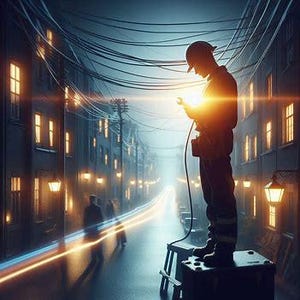May include: A silhouette of a worker in a blue jumpsuit inspecting electrical wires on a pole in a city street at night. The street is lit by streetlights and there are cars driving by in the distance.