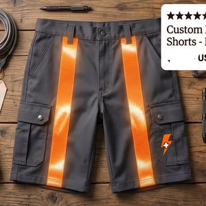 May include: Gray electrician cargo work shorts with orange reflective stripes. The shorts have multiple pockets and a customizable name patch. The image includes text that says "Custom Electrician Cargo Work Shorts - Personalized 'Doc' Style".