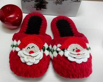 Crochet Santa Slippers, Winter Christmas Slippers, House Slippers, Soft Winter Slippers,  Cute Fluffy House Slippers, Christmas For Gift