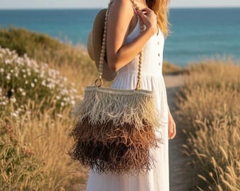 Borsa da spiaggia con frange in rafia Boho: grande borsa a tracolla intrecciata